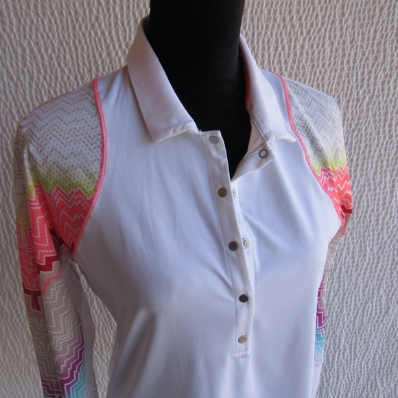 Lucky in Love Womens Top L Pullover White Colorful Golf Pickeball Art Snaps - Picture 5 of 12